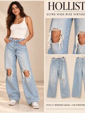 Hollister Ultra High-Rise Vintage Baggy Jeans W29 9R Distressed Light Wash